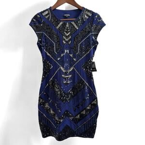 Express Sequin Aztec Art Deco Mini Dress Blue Black Bodycon Party Size Small